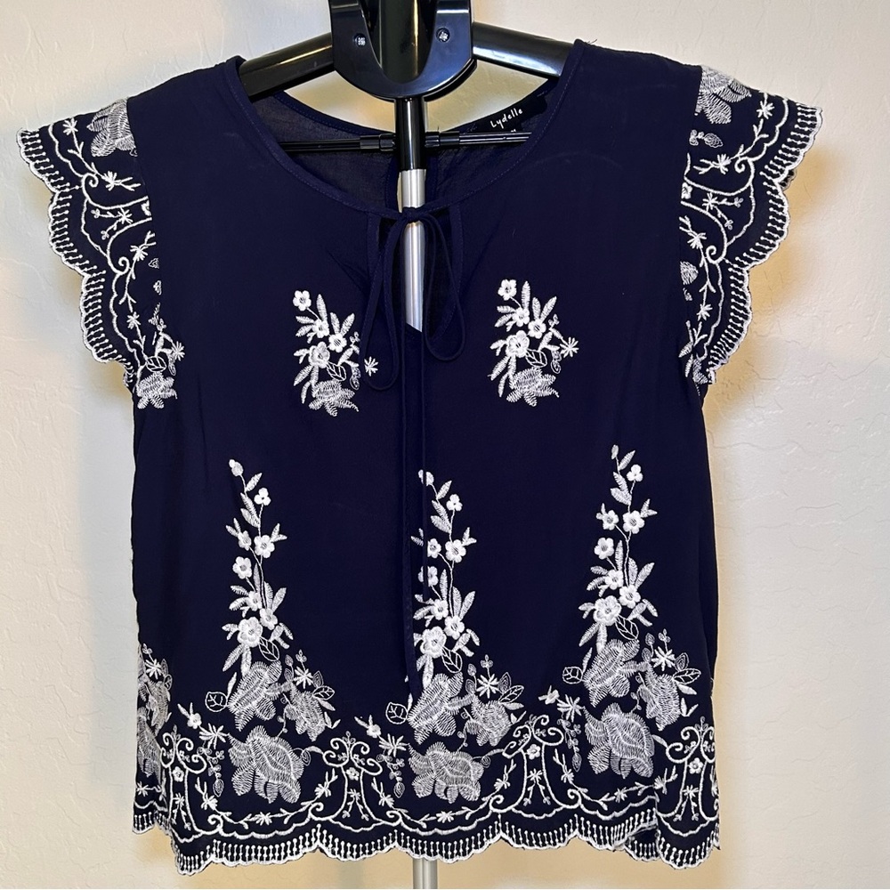 Lydelle Women’s  Navy Blouse with White Embroidery